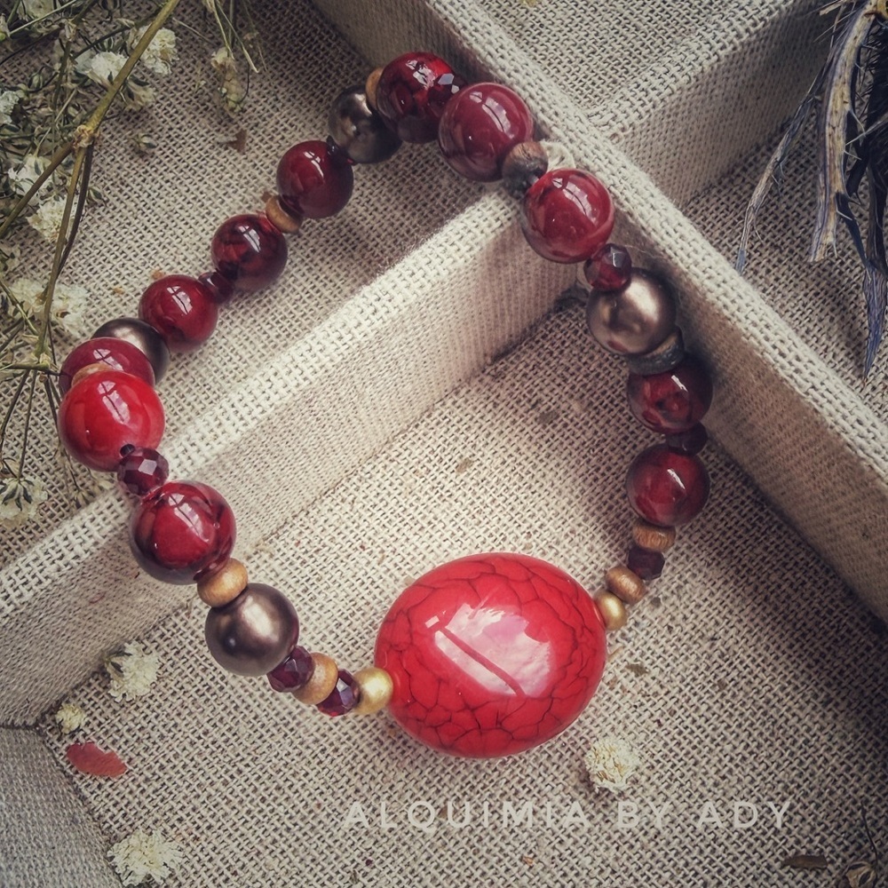 Red Turquoise Bracelet – 8 mm Beads with Bronze, Pearl & Wood Acrylic Focal • Ga